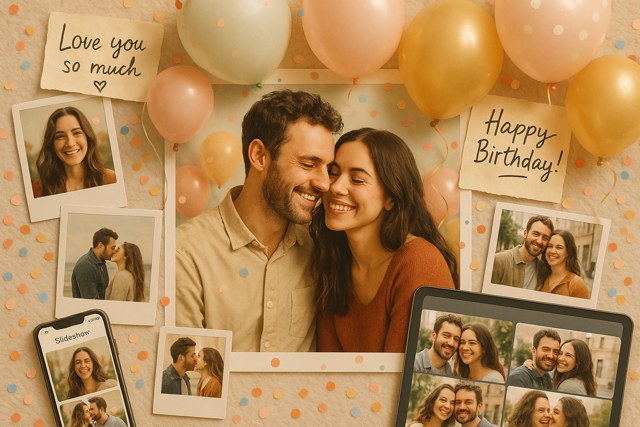 Happy Birthday celebration with couple and balloons